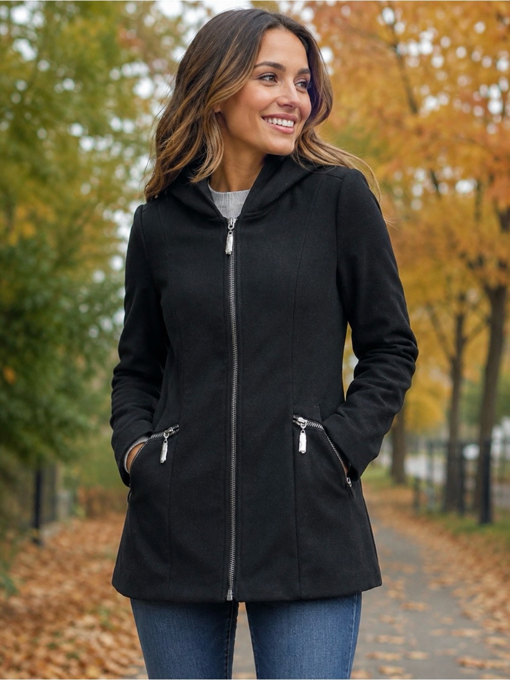 Tobi Black Hooded Zip-Front Trench Coat with Silver Hardware